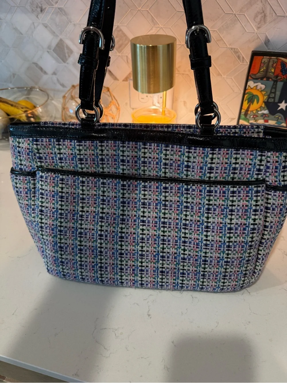 Coach Multicolor Tweed Shoulder Bag with Black Patent Trim